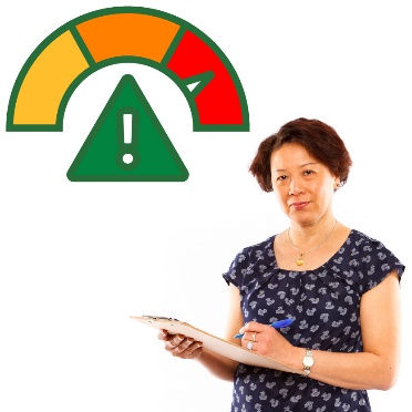 A person with a clipboard, standing under a high risk icon.