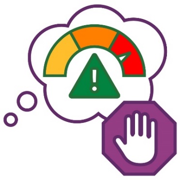 A thought bubble showing a high risk icon, and a hand held up like a stop sign.