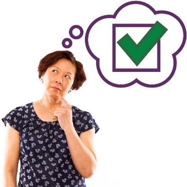 A person looking up and thinking, with a thought bubble showing a checkbox with a tick in it.