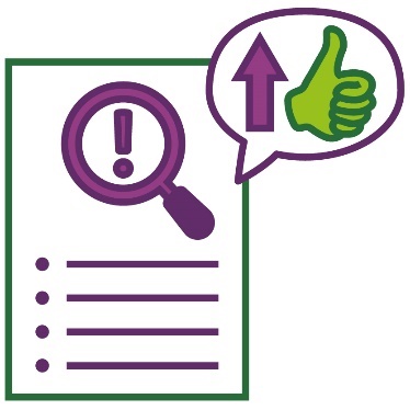 A page showing a list and a magnifying glass, with a speech bubble showing a thumbs up and an arrow pointing up.