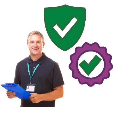 A smiling provider with a clipboard, next to a safety icon and a quality badge. 