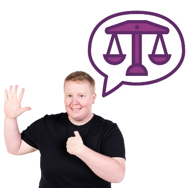 A person pointing to themself with their other hand raised, and a speech bubble showing the scales of justice.