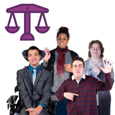 A group of people with different disabilities, under the scales of justice.