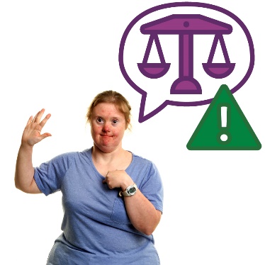 A person pointing to themself with their other hand raised, and a speech bubble showing the scales of justice and a problem icon.