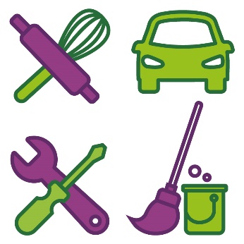 Cooking utensils, a car, tools and cleaning equipment.