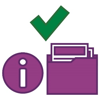 An information icon and a folder of documents under a tick.