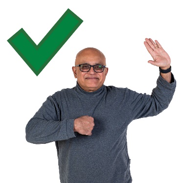 A person pointing to themself with their other hand raised under a tick.