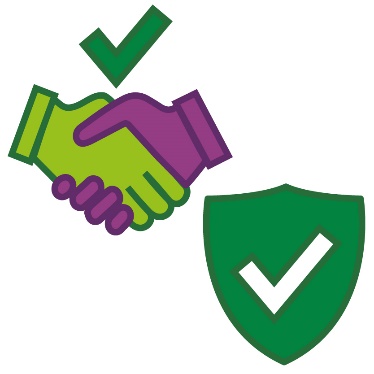 A handshake under a tick, and a safety icon.