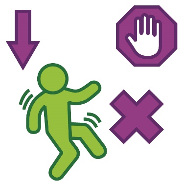 A person moving their body and a cross, under an arrow pointing down and a hand held up like a stop sign.