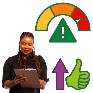 A person writing on a clipboard. Above them is a high risk icon and beside them is a thumbs up with an arrow pointing up.