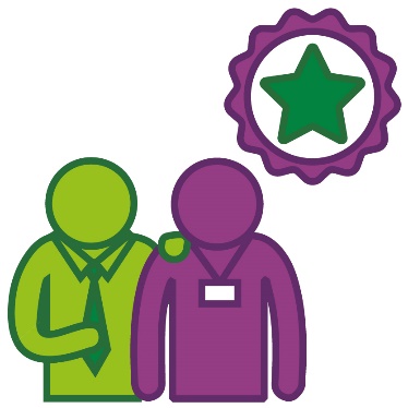 A worker supporting another worker, under a good skills badge with a star on it. 