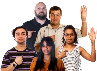 A group of First Nations peoples pointing to themselves with their other hand raised.