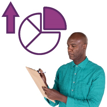 A pie chart with an up arrow above a person writing on a clipboard.