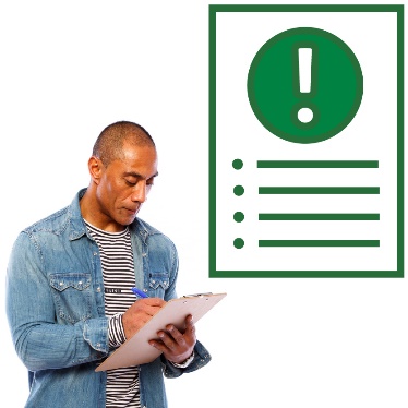 A person writing on a clipboard next to a page showing a list and an importance icon.