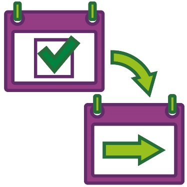 An arrow pointing from a calendar showing a checkbox with a tick to another calendar with an arrow pointing to the future. 