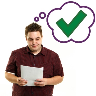 A person reading a document, with a thought bubble showing a tick.