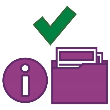 An information icon and a folder of documents under a tick.