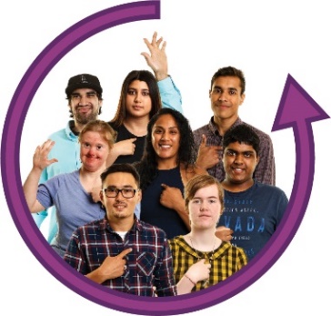 A group of diverse people pointing to themselves with an arrow curving around them. 