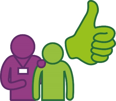 A staff member supporting a participant. Next to them is a thumbs up.