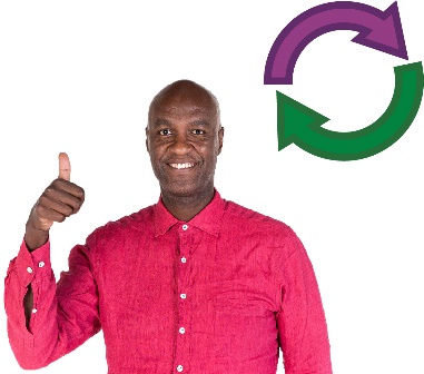 A staff member giving a thumbs up. Above them is a change icon.