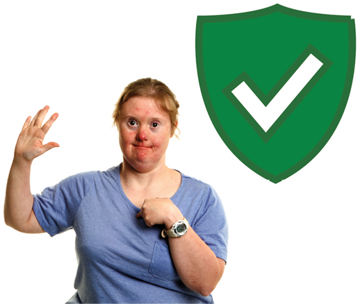 A person pointing to themself and raising their other hand. Next to them is a safety icon.