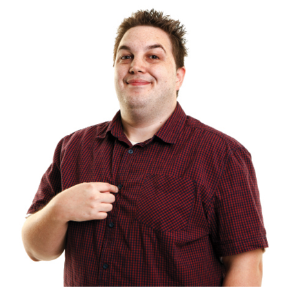 A person pointing to themself.