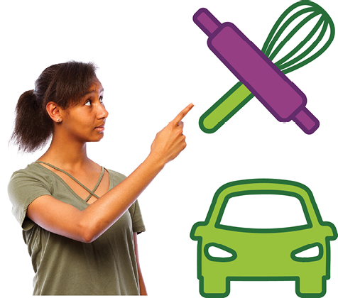 A person picking between 2 supports. One is a car and the other is cooking tools.