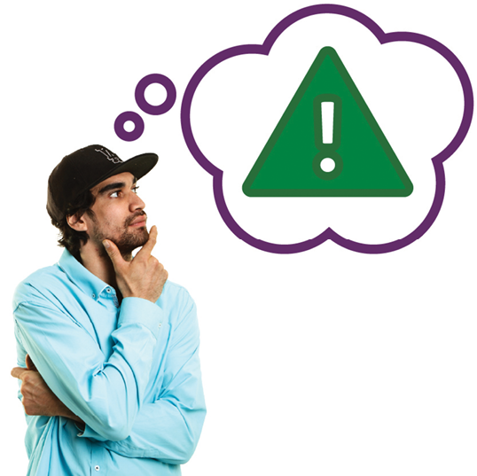 A person thinking and above them is a thought bubble with a problem icon in it.