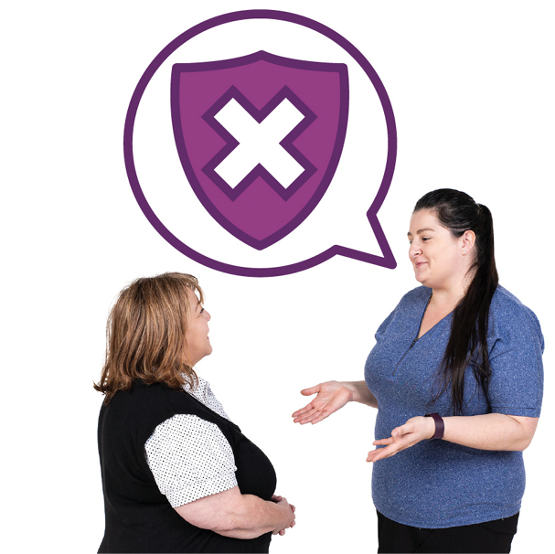 2 people talking to each other. Above them is a speech bubble that shows a shield with a cross on it.