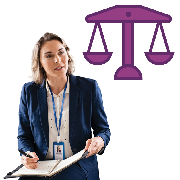 A provider writing on a document. Above them is a balanced scale.