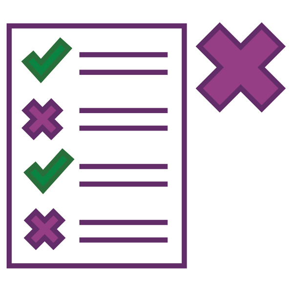 A document with a list that have ticks and crosses on it. Next to the document is a cross.