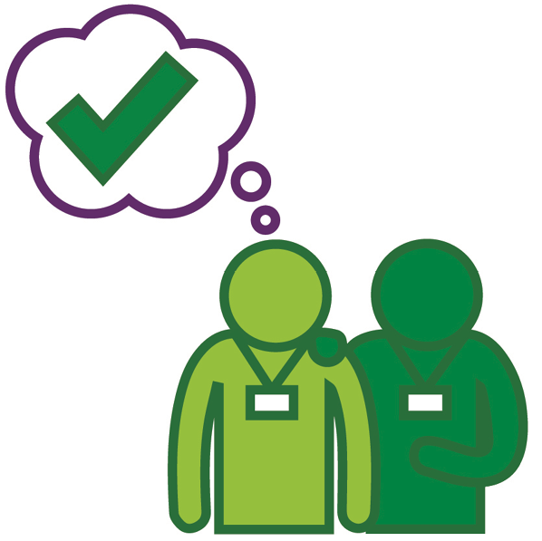 A person supporting someone. Above them is a thought bubble with a tick in it.