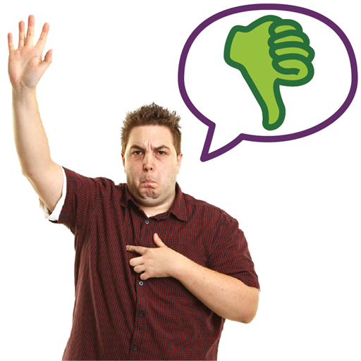 A person pointing to themself and raising their other hand. Above them is a speech bubble with a thumbs down in it.