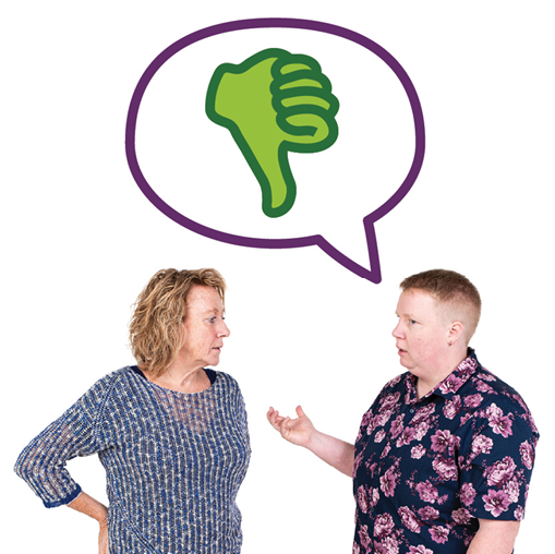 2 people talking and above them is a speech bubble with a thumbs down in it.