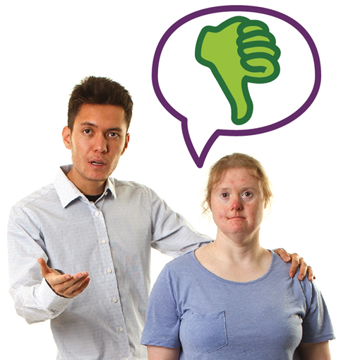 A provider supporting someone. Above them is a speech bubble with a thumbs down in it.