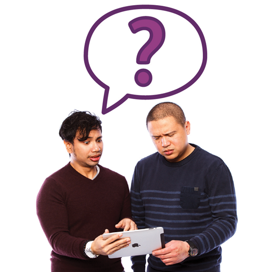 2 people looking at an iPad. Above them is a speech bubble with a question mark in it.
