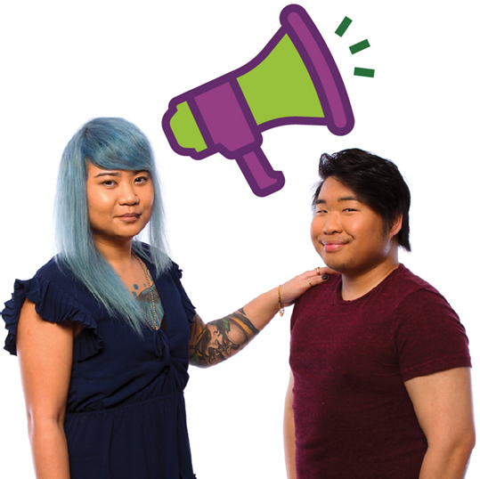 A person supporting someone. Above them is a megaphone.