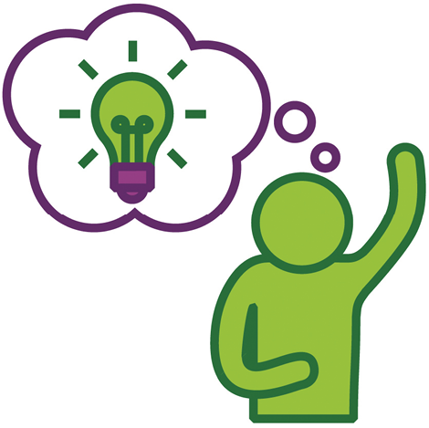 A person pointing to themself and raising their other hand. Above them is a thought bubble with a light bulb in it.