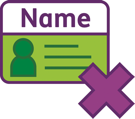 A card with an icon of a person on it and says 'Name'. Next to the card is a cross.