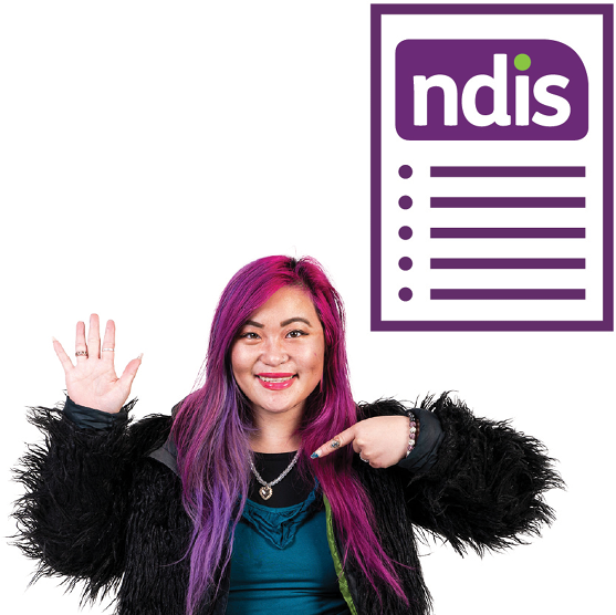 A person pointing to themself and raising their other hand. Above them is a document with the NDIS logo on it.