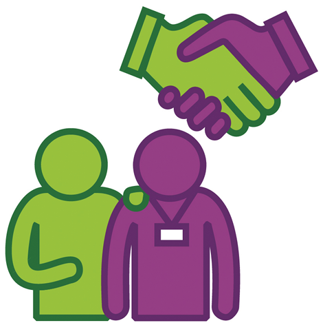 A person and support worker. Above them is a handshake icon.