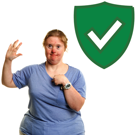 A person pointing to themself and raising their other hand. Next to them is a safety icon.