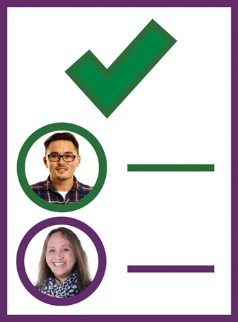 A document with pictures of 2 people on it. Above the pictures is a tick.