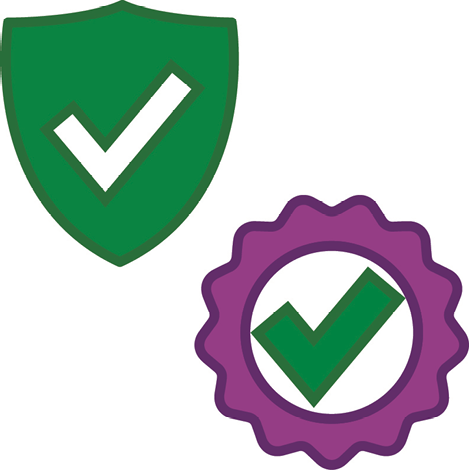 A safety icon and a badge with a tick.
