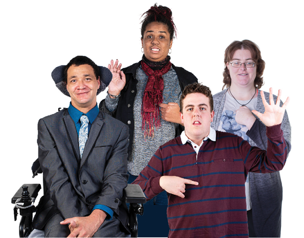 A group of people with disability pointing to themselves and raising their other hands.
