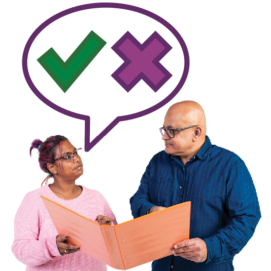 2 people reading a document. Above them is a speech bubble with a tick and cross in it.