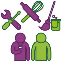 An NDIS provider supporting someone. Above them are a set of tools, a set of cooking utensils and cleaning supplies.