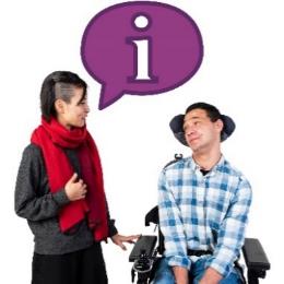 2 people having a conversation. Above them is an information icon inside a speech bubble.