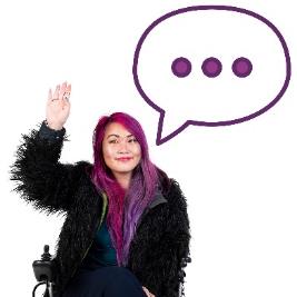 A person with their hand raised next to a speech bubble.