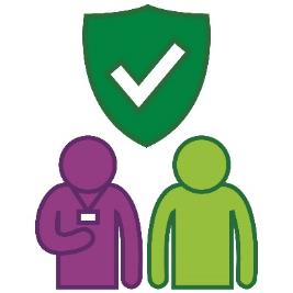 An NDIS provider and participant next to a safety icon.